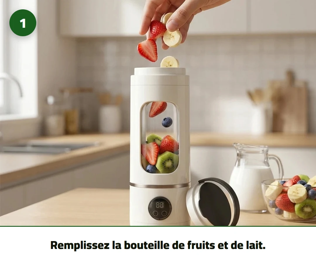 Remplissez la bouteille de fruits et de lait.