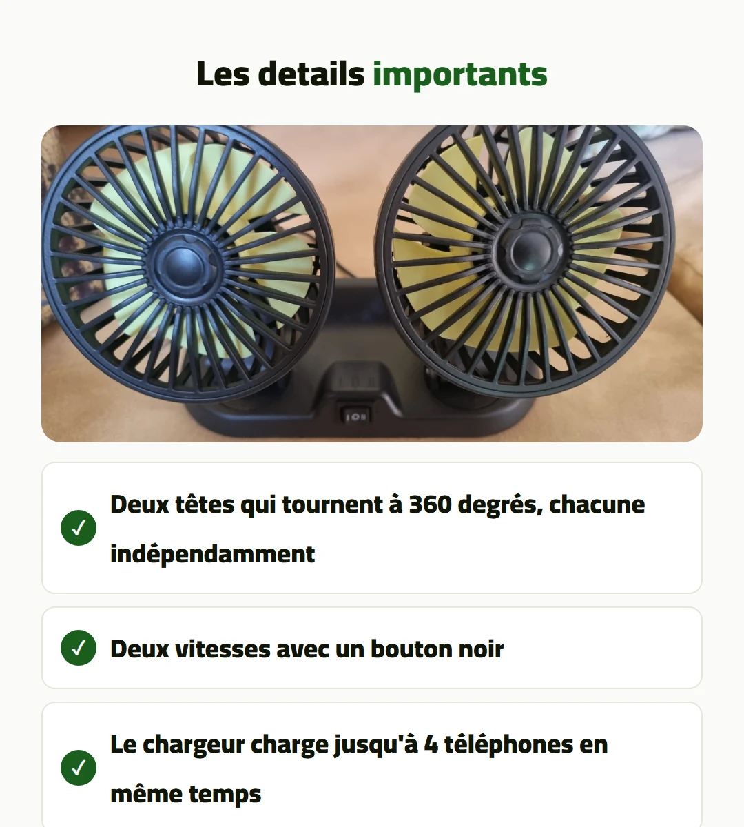 Pack voiture: ventilateur double + chargeur