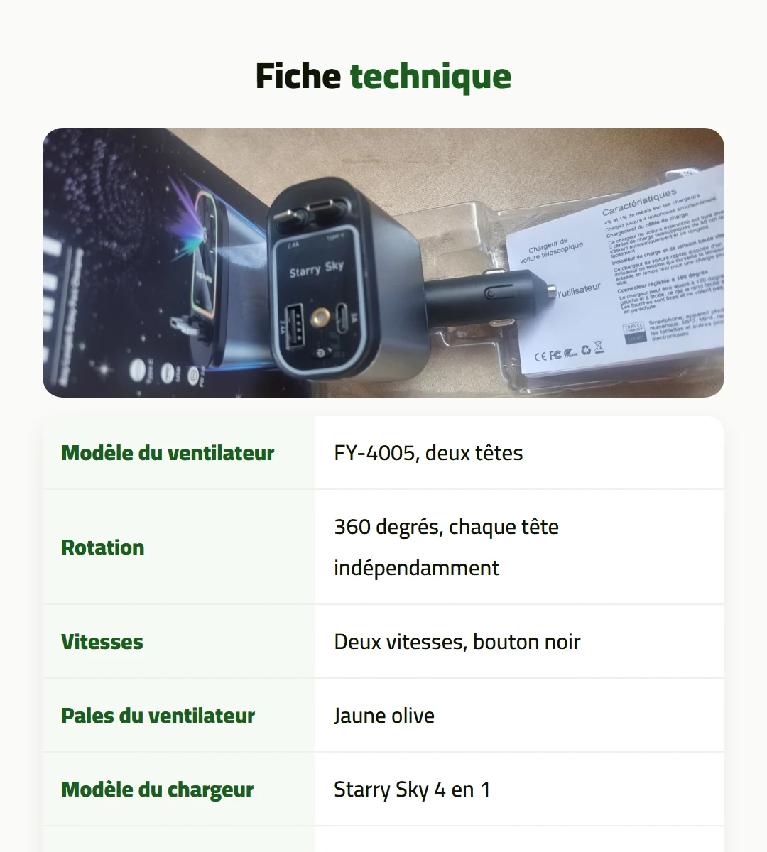 Pack voiture: ventilateur double + chargeur